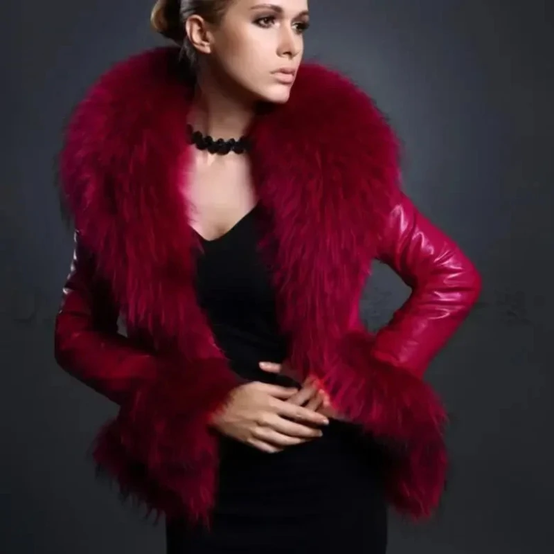 Top Trends: Red Black Raccoon Fur Collar Imitation Fur Pu Fur Short Slim Fit Coat Sheep Skin Leather Jacket Women 2023 Indie Coat Jackets Shoppable Styles