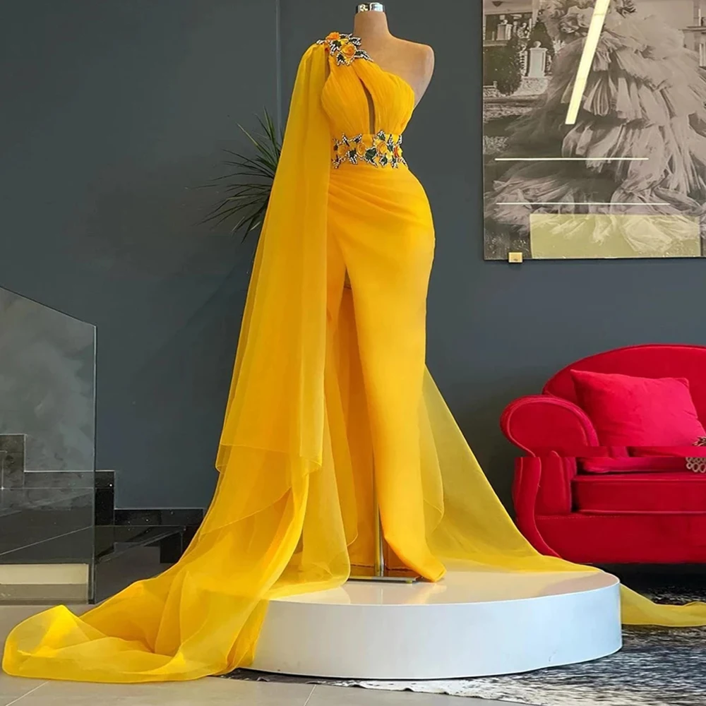 Top Trends: 2023 High Quality Yellow Prom Dresses One Shoulder Appliques Slit Tulle Plus Size Women Long Formal Evening Party Elegant Gowns Shoppable Styles