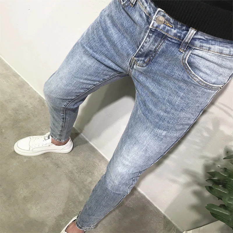 Top Trends: Fashion Brand Light Blue Joker Slim Feet Nine Jeans Korean Version Of Young Men's Casual Trousers In Spring And Autumn Shoppable Styles