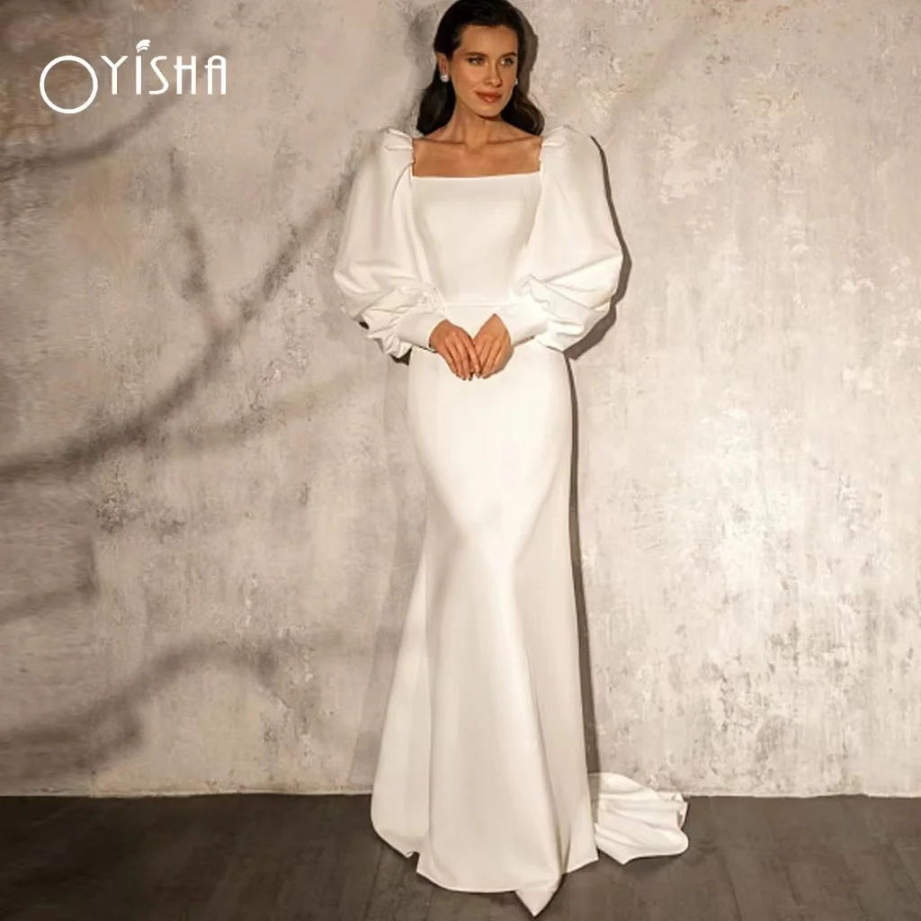 Top Trends: OYISHA Square Collar Satin Wedding Dresses 2023 Elegant Mermaid Puff Sleeves Bridal Gowns Simple Sweep Train Robe Mariage Femme Shoppable Styles