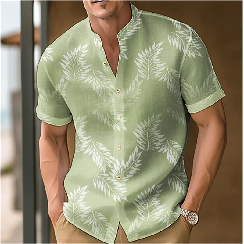 Top Trends: Men's Shirt Leaf Print Stand Collar Black Blue Purple Green Outdoor Street Short Sleeve Clothing Dress Fashion Designer New 2023 Shoppable Styles