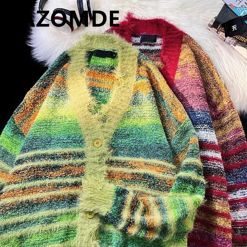 Top Trends: ZAZOMDE American Spliced Wool Cardigan Sweater Knit Men Loose Couple Autumn Contrast Color Sweater Coat Single Breasted Male Top Shoppable Styles