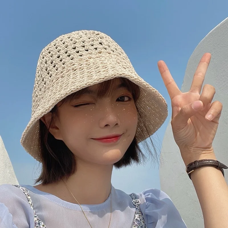 Top Trends: Summer Women Breathable Hollow Knit Bucket Cap Outdoor Fashion Joker Dome Sun Hat Wide Brim Foldable Beach Hat For Female Shoppable Styles