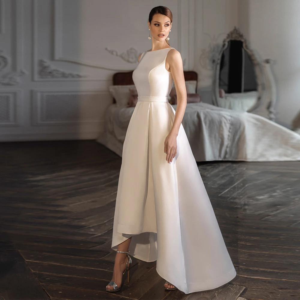 Top Trends: 2024 Classic Boat Neck Sleeveless A-Line Satin Wedding Dress For Bride Elegant Backless High / Low Sweep Train Vestido De Novia Shoppable Styles