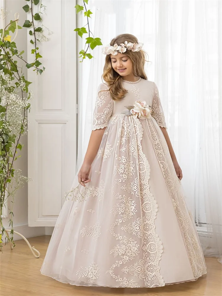 Top Trends: Flower Girls Dresses For Wedding Half Sleeve Lace Applique Tulle Fluffy Floor Length Girl First Holy Communion Princess Dresses Shoppable Styles