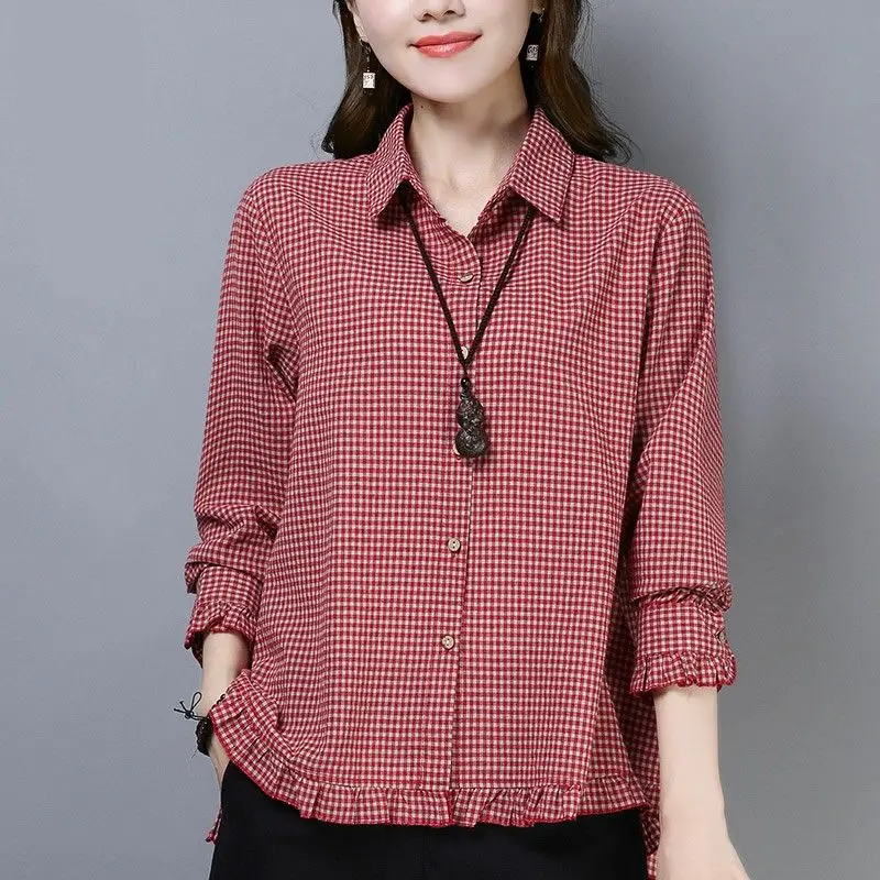 Top Trends: Vintage Printed Ruffles Butterfly Sleeve Plaid Shirt Women's Clothing 2023 Autumn Winter New Casual Tops Commuter Blouse Shoppable Styles