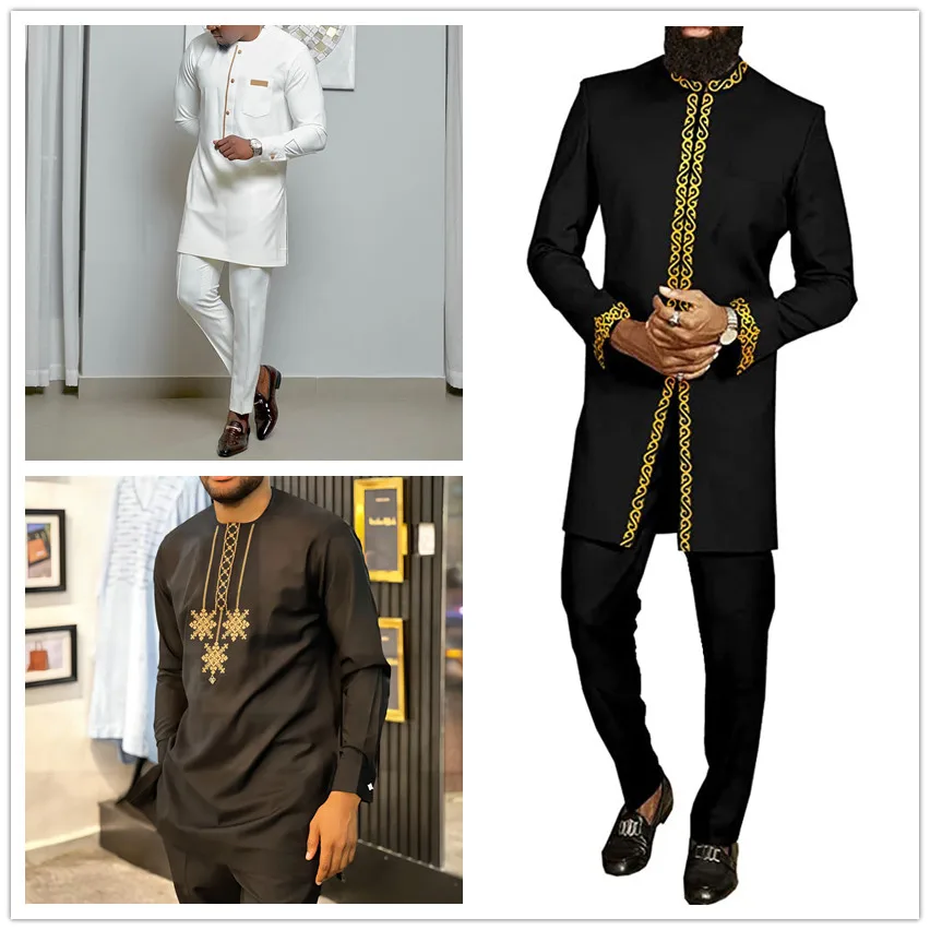 Top Trends: Kaftan Men Suits Sets Embroidered Long Sleeved Top Pants Traditional Cultural Wear Ethnic Casual Style 2-Piece Set Outfits Cloth Shoppable Styles