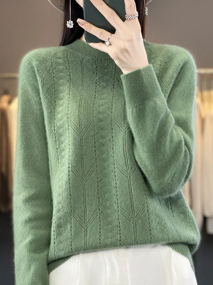 Top Trends: Addonee Autumn Winter Women Sweater Mock Neck Long Sleeve 100% Merino Wool Pullover Casual Hollow Cashmere Knitwear Korean Style Shoppable Styles