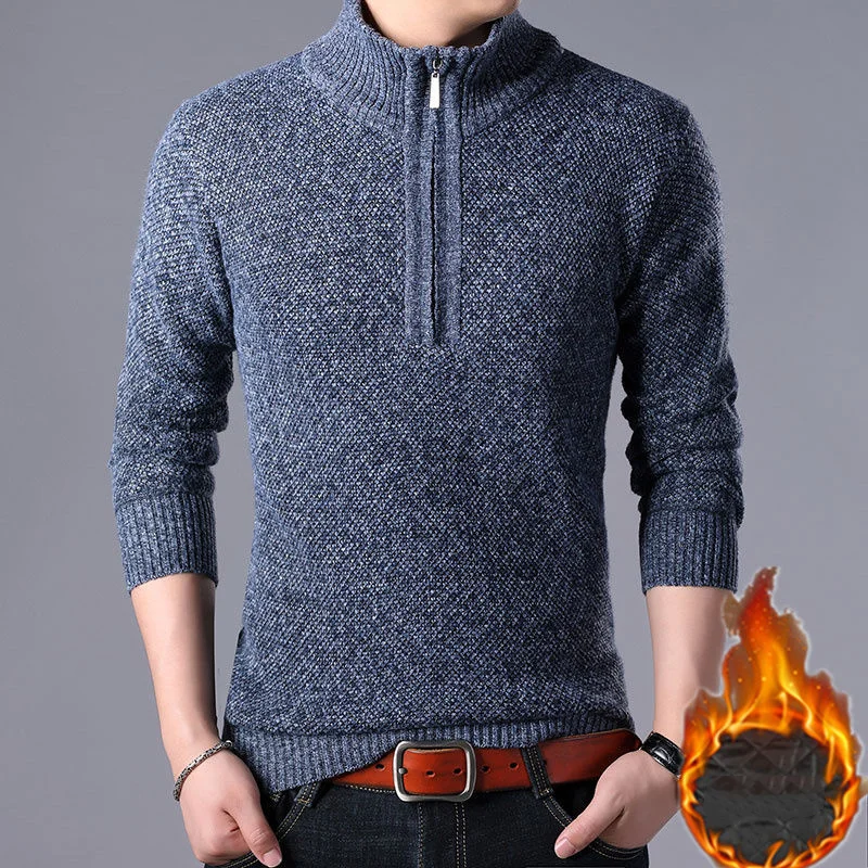 Top Trends: Fashion Men Fleece Thicken Autumn Winter Sweaters Zipper Mock Neck Long Sleeve Male Clothes Casual Bottoming Slim Knit Pullovers Shoppable Styles - Image 2