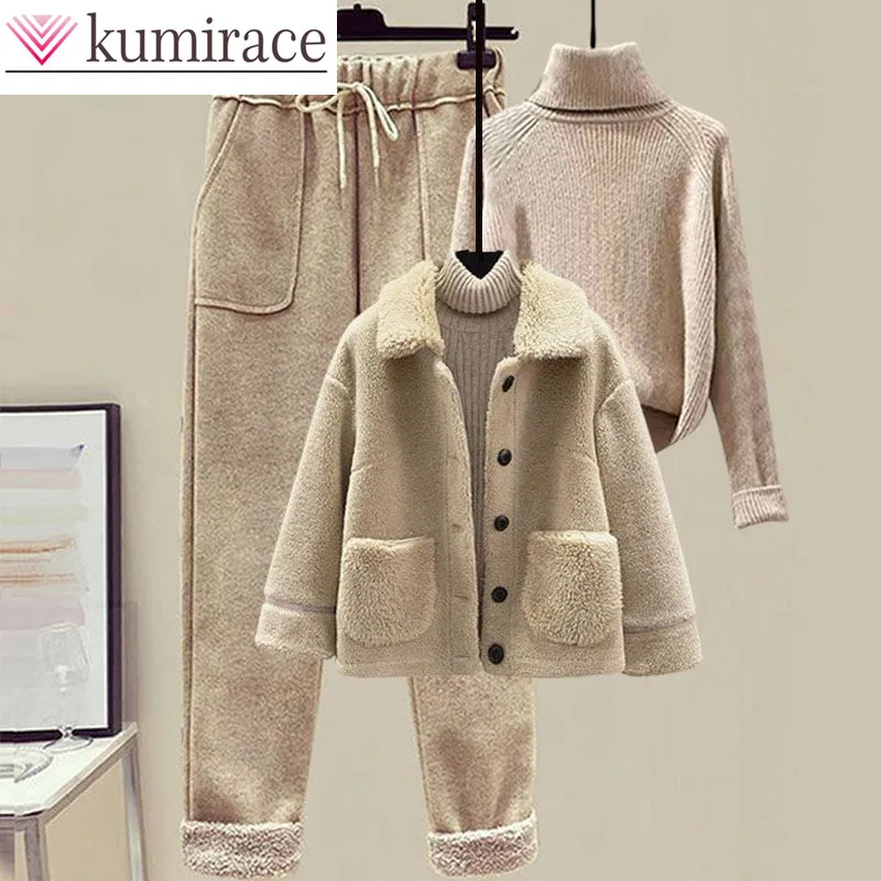 Top Trends: 2023 Winter Lamb Plush Fur Integrated Pellet Fleece Coat Sweater Casual Pants Three Piece Elegant Women&#039;s Pants Set Shoppable Styles