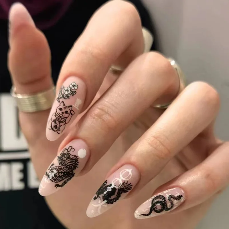 Top Trends: 24p / Box Long Ballet Acrylic Press On Nails Set Gothic Armor Fake Nails Dark Serpentine Flower False Nail Fashion Retro Removable Shoppable Styles - Image 5