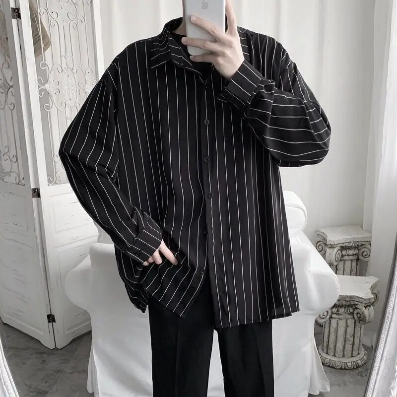 Top Trends: Fashion Lapel Button All-match Printed Striped Shirts Men's Clothing 2022 Autumn New Loose Casual Tops Long Sleeve Korean Shirt Shoppable Styles