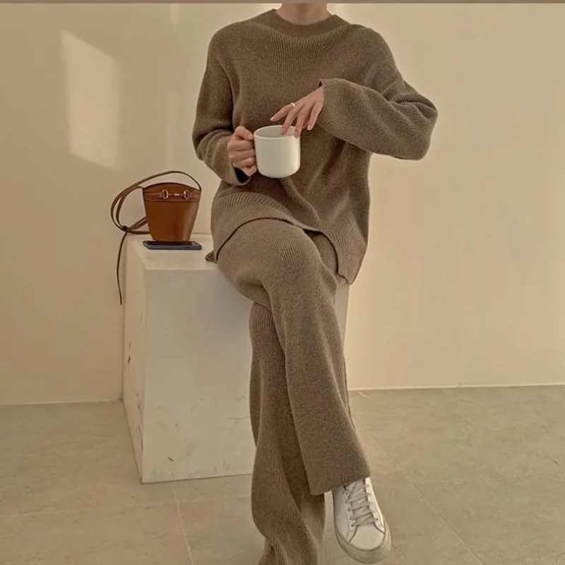 Top Trends: Women Autumn Winter New Crew Neck Pullover Knit Set Fashion Elastic Waist Casual Versatile Two-piece Set Wide Leg Long Pants Set Shoppable Styles