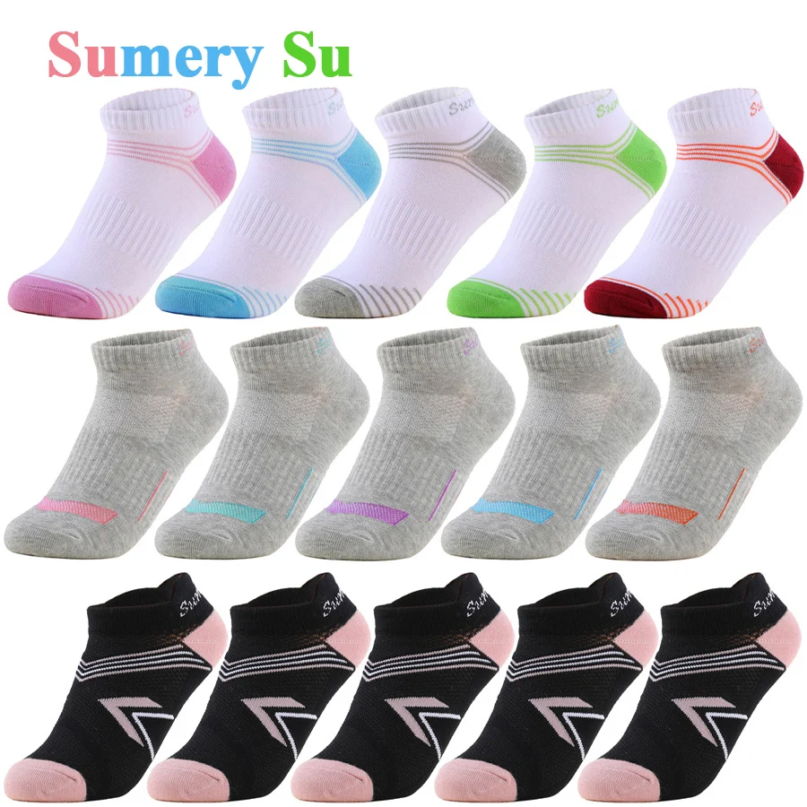 Top Trends: 5 Pairs / Lot Running Socks Women White Grey Black Cute Colorful Stripe Ankle Casual Cotton Compression Short Sock 3 Styles Shoppable Styles