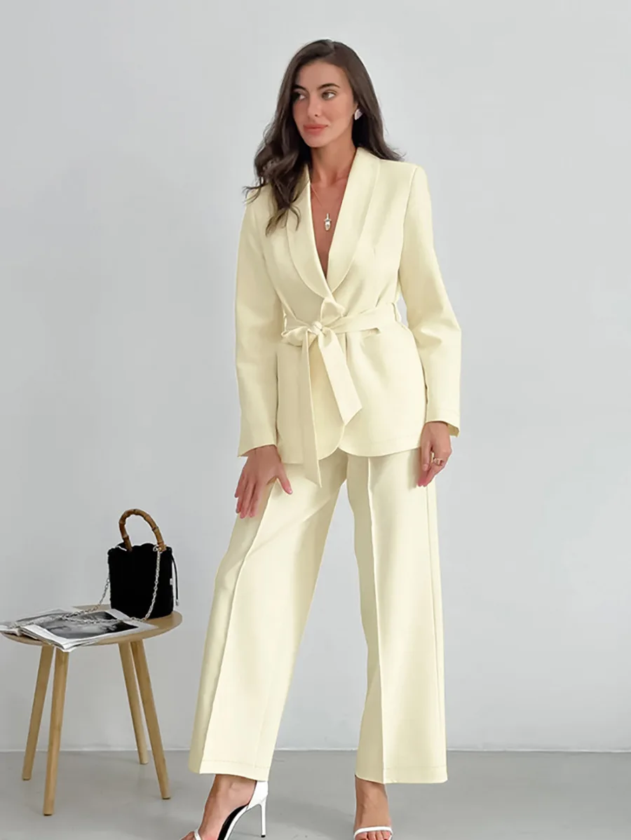 Top Trends: Tesco French Women&#039;s Suit White Blazer And Wide Leg Trousers Shawl Collar Lace Up Jacket Pantsuit Elegant Lady Outfits 2 Piece Shoppable Styles