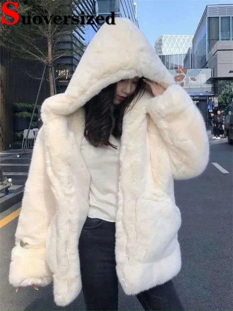 Top Trends: Hooded Warm Loose Faux Rabbit Fur Jackets Thicken Korean Plush Chaquetas Winter High Quality Coats Women Luxury Furry Casaco Shoppable Styles