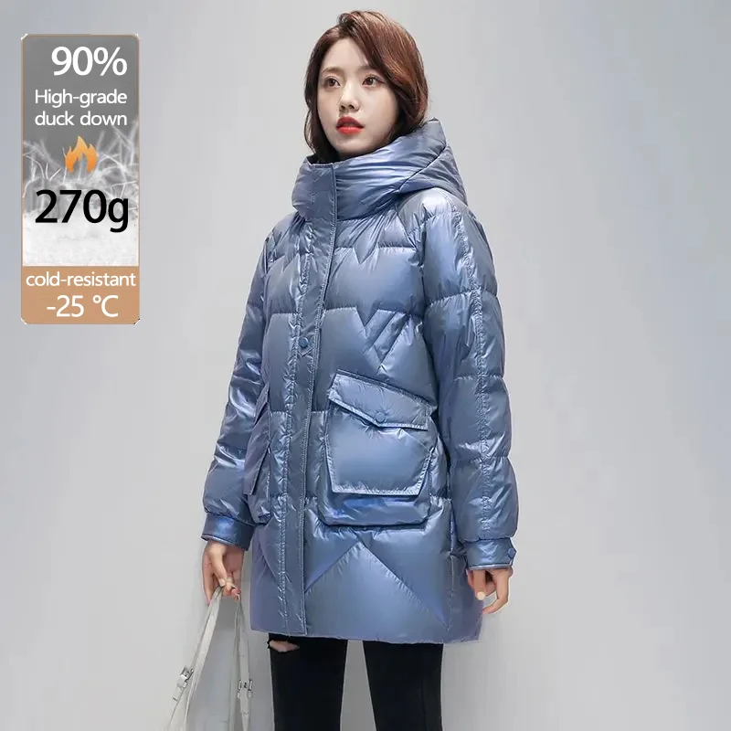 Top Trends: Brand Winter Women&#039;s Down Jacket White Duck Down Medium Length Street Style Bright Face Wash Fashion Loose Thick Hooded Coats Shoppable Styles