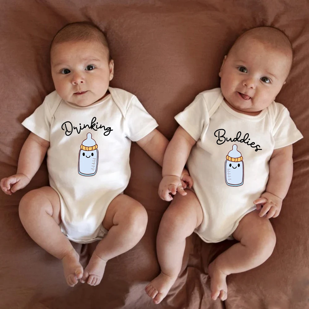 Top Trends: Funny Twin Drinking Buddies Baby Boys Girls Clothes Sets High Quality Pure Cotton Newborn Onesies Pajamas Cheap Infant Outfits Shoppable Styles