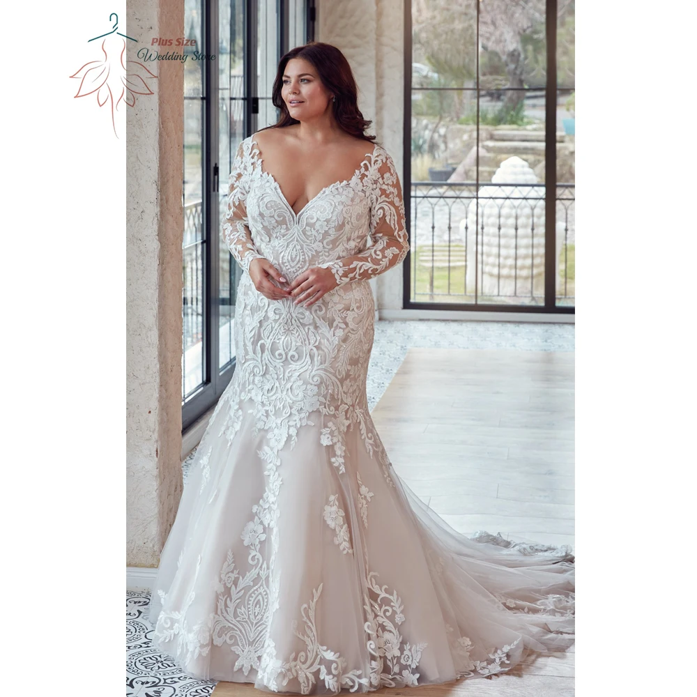 Top Trends: Classic Mermaid Wedding Dresses Plus Size V Neck Long Sleeves Bride Gowns Lace Appliques Sweep Train Tulle Vestido De Noiva 2023 Shoppable Styles - Image 6