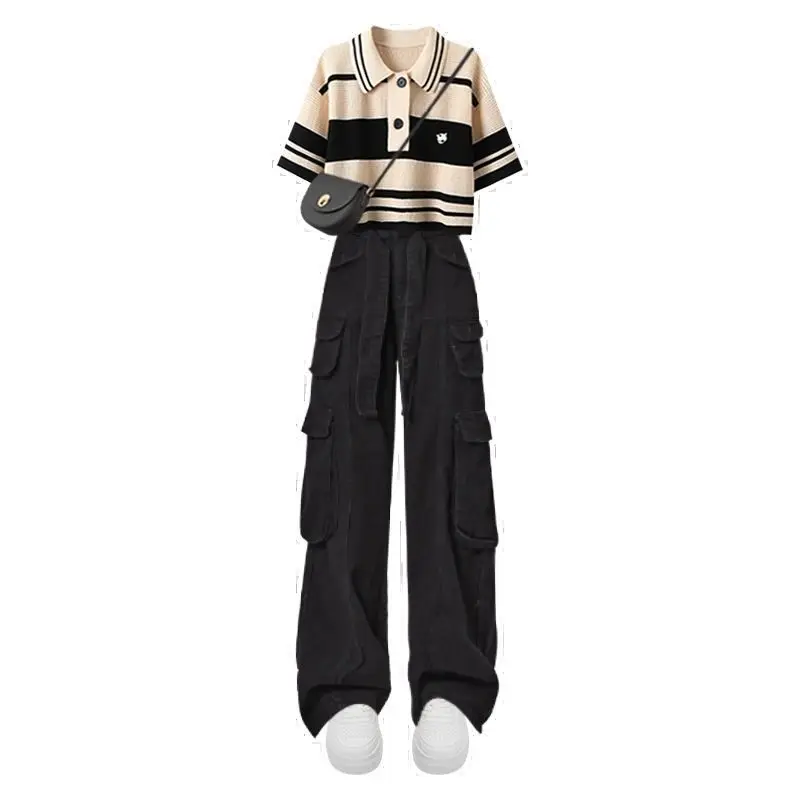 Top Trends: Women's Summer Pants Suit 2023 New Fashion Polo Knitted Short Sleeve Top Cargo Pants Two Piece Korean Chic Blouse Matching Set Shoppable Styles - Image 2