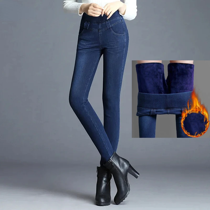 Top Trends: Vintage Elastic High Waist Thick Vaqueros Mom Skinny Pants Casual Fleece Denim Trousers New Winter Blue Velvet Warm Jeans Women Shoppable Styles