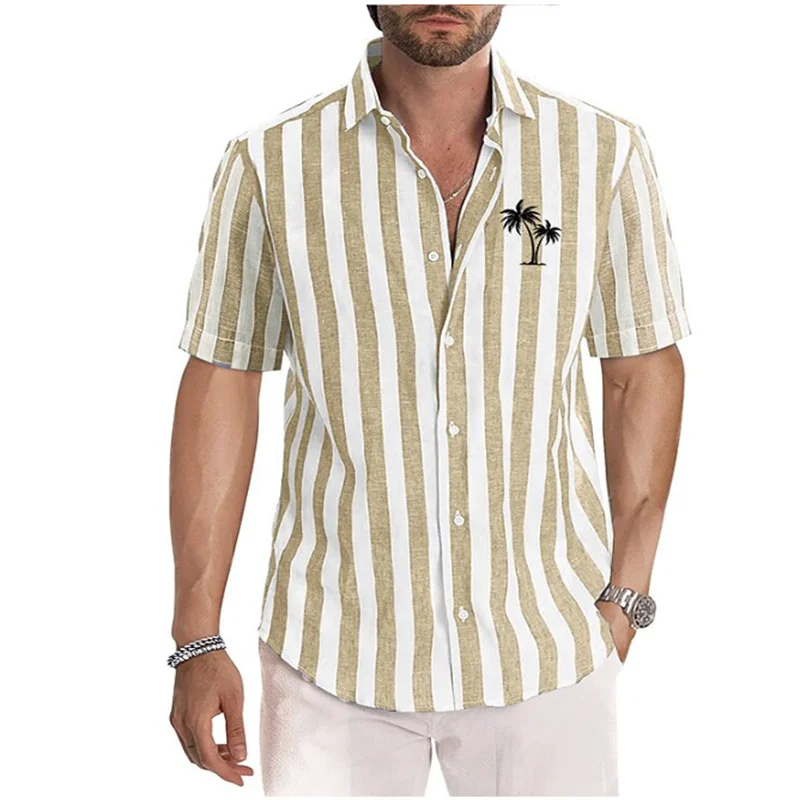 Top Trends: Men's Shirt Coconut Tree Stripe Print Lapel Blue Outdoor Street Short Sleeve Clothing Oversized Fashion Designer Casual Soft Shoppable Styles - Image 2