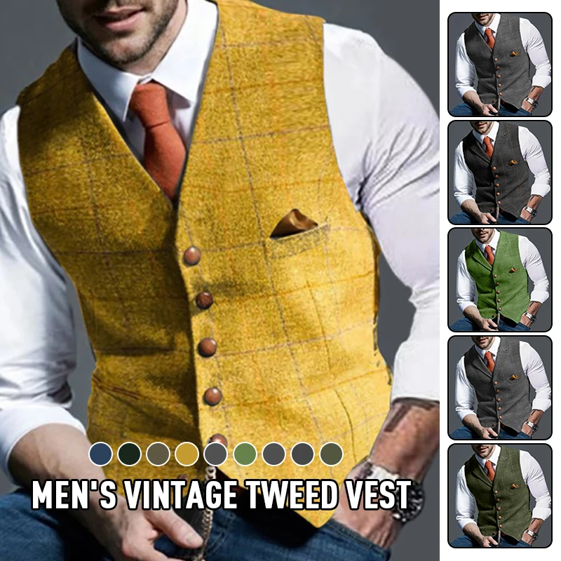 Top Trends: Fashion Men&#039;s Vests Lapel Tweed Plaid V-neck Waistcoat Slim Fit Vest Business Formal Dress Suit Casual Wedding Tuxedo Male Vest Shoppable Styles