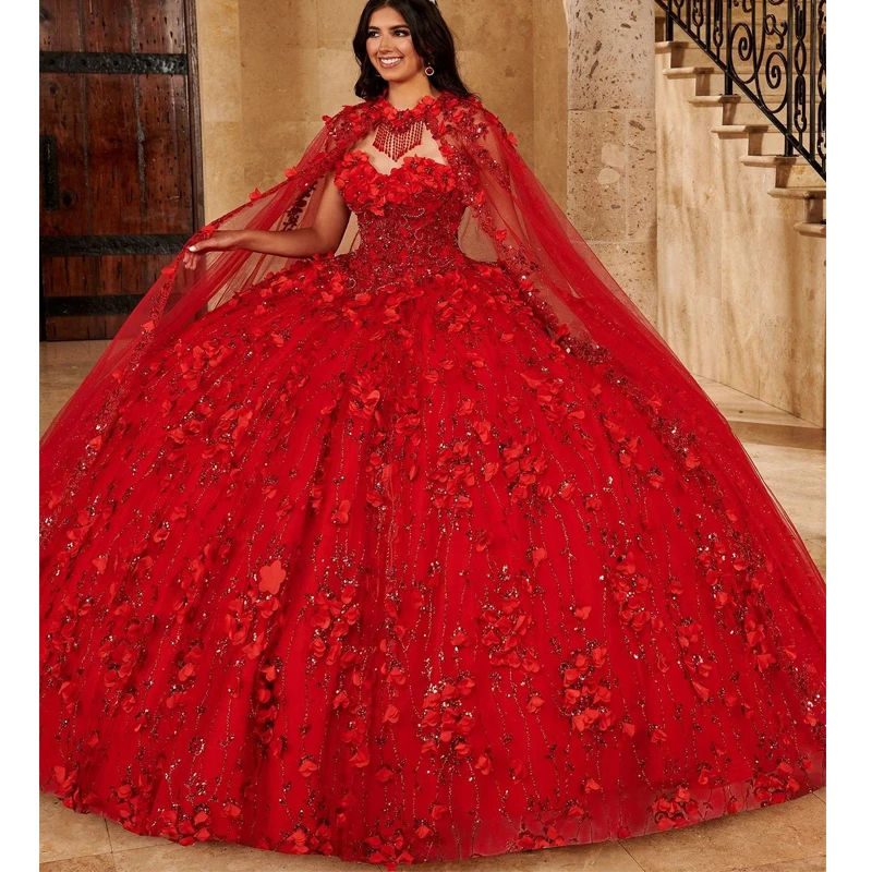 Top Trends: Red Princess Ball Gown Quinceanera Dresses Off Shoulder With Cape 3D Flower Corset Sweet 16 Dress Pageant Gowns Vestido De 15 Shoppable Styles