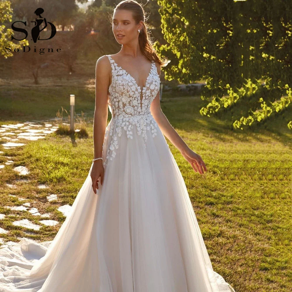 Top Trends: SoDigne Formal Princess Women Wedding Dresses Lace Flower A Line Bride Gowns Button Backless Luxury Bridal Dresses For Wedding Shoppable Styles