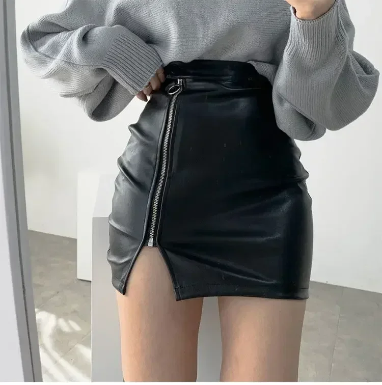 Top Trends: Black Mini Sexy Skirt Sexy High Waist Package Hip Pencil Skirt Women Korean Fashion Pu Faux Leather Split Zipper Short Skirts Shoppable Styles