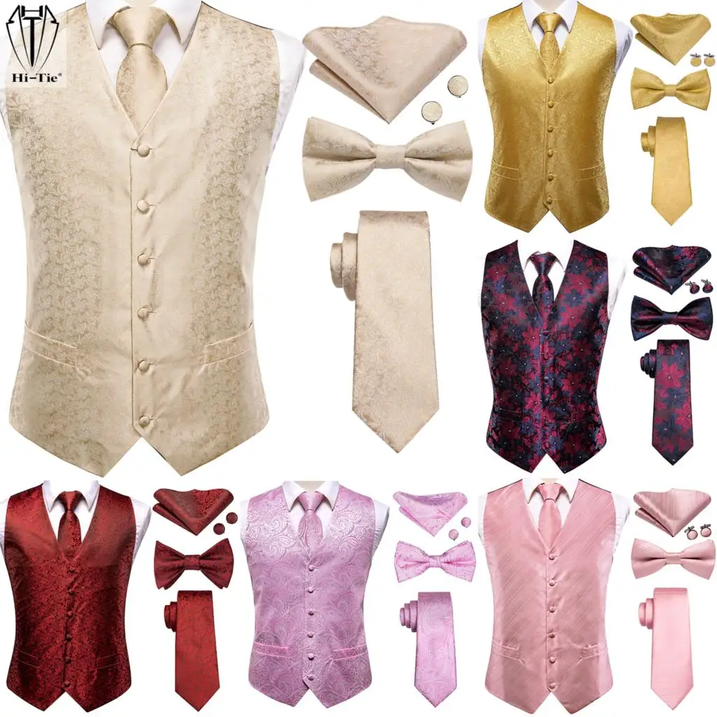 Top Trends: Hi-Tie Brand Silk Mens Vests Red Blue Green Gold Waistcoat Tie Bowtie Hanky Cufflinks Set Waist Jacket For Men Wedding Office Shoppable Styles