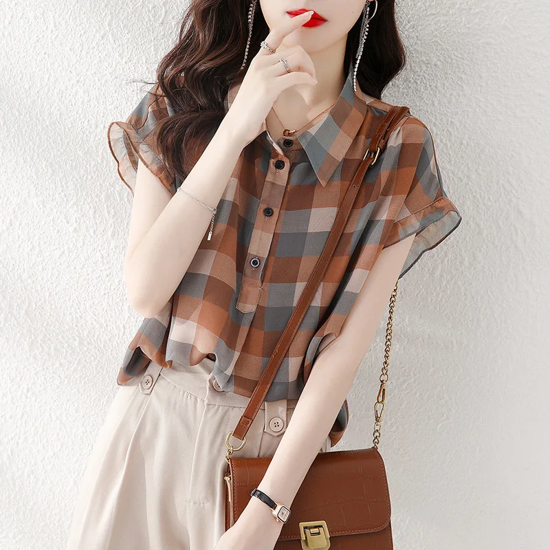 Top Trends: Fashion Plaid Printed Lapel Button Short Sleeve Chiffon Blouse Summer Plus Size Commute Tops Loose Casual Women Clothing Shirt Shoppable Styles - Image 4