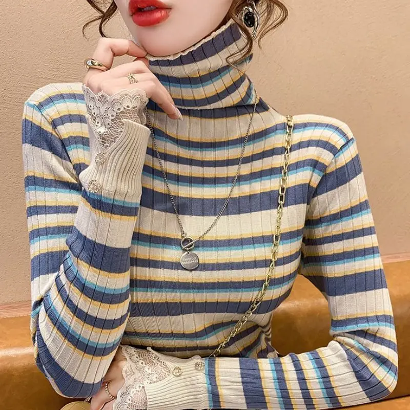 Top Trends: Fashion Turtleneck Knitted Spliced Lace Striped Sweater Women&#039;s Clothing 2022 Autumn New Casual Pullovers Loose All-match Tops Shoppable Styles