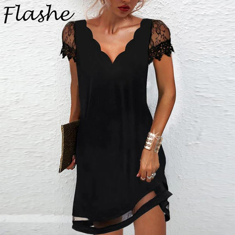 Top Trends: Elegant Dresses For Women V Neck Lace Sleeves Short Dress Women Spring Summer Sexy Ladies Short Sleeve Black Party Dress 2022 Shoppable Styles