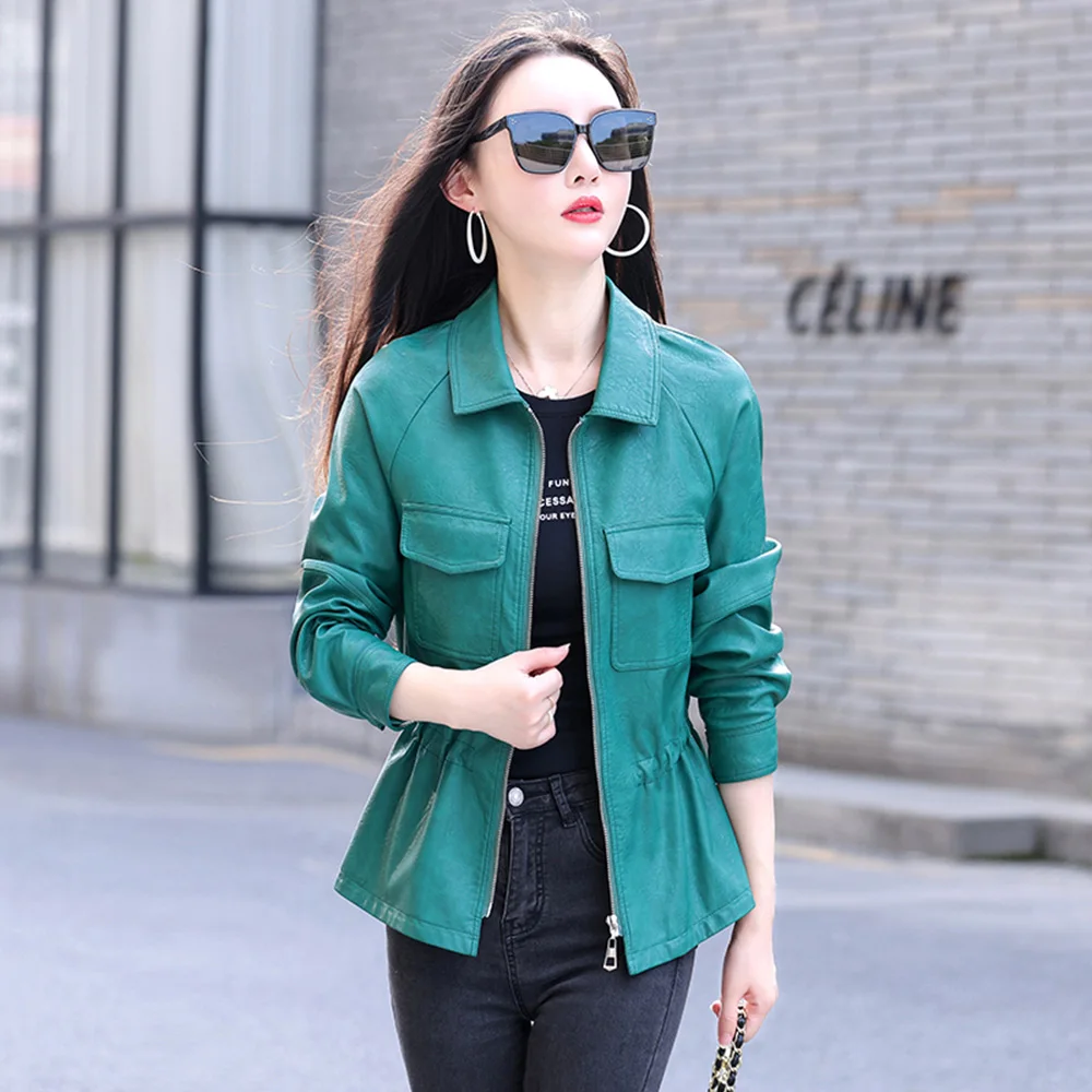 Top Trends: Women Leather Jacket Spring Autumn Casual Fashion Turn-down Collar Drawstring Waist Sheep Leather Coat Slim Moto &amp; Biker Jacket Shoppable Styles