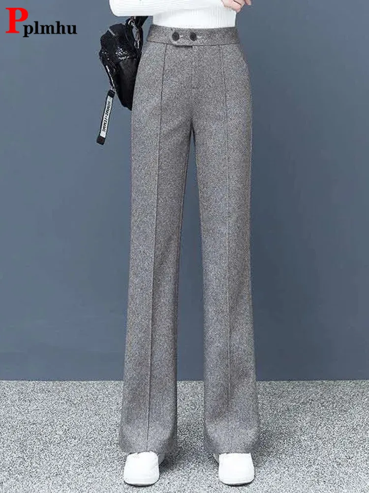 Top Trends: Big Size Thick Wool Blend Straight Pants Korean Style Woolen Wide Leg Pants Womens Winter Casual New High Waist Loose Trousers Shoppable Styles