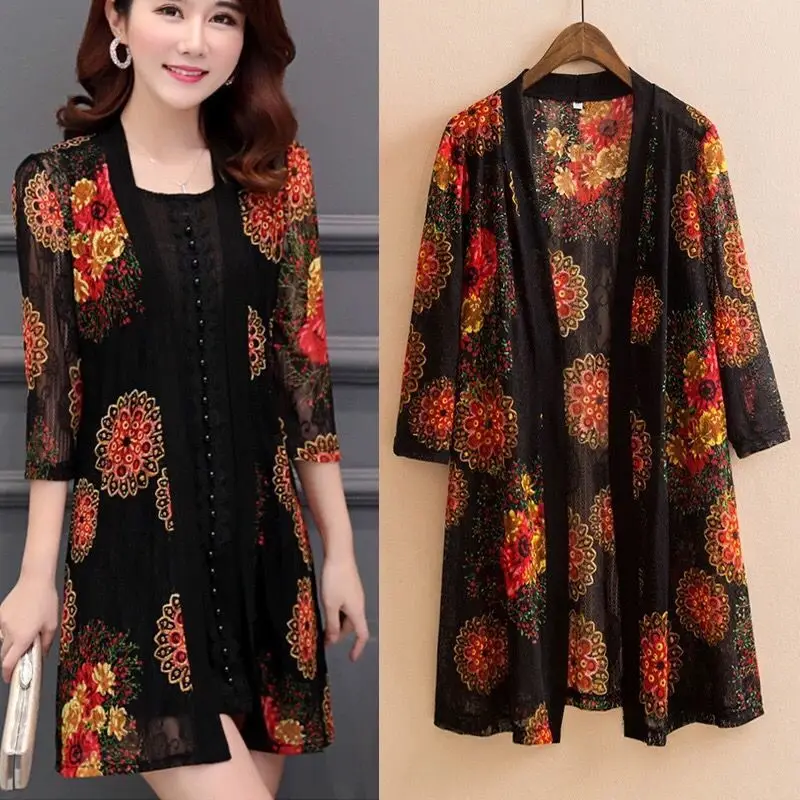 Top Trends: 2023 Summer Women's Lace Cardigan Printed Mid-length Shawl Thin Middle-aged Women Air-conditioned Shirt Jacket Y256 Shoppable Styles - Image 3