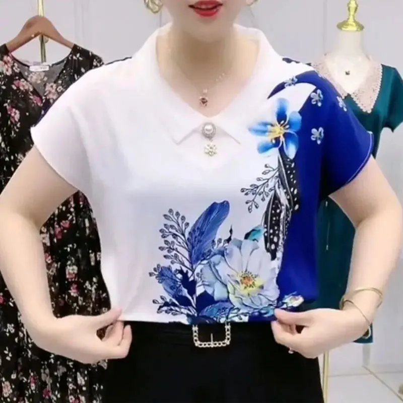 Top Trends: Commute Casual Floral Printed Blouse Summer Turn-down Collar Chic Pearl Three-dimensional Decoration Female Clothing Loose Shirt Shoppable Styles