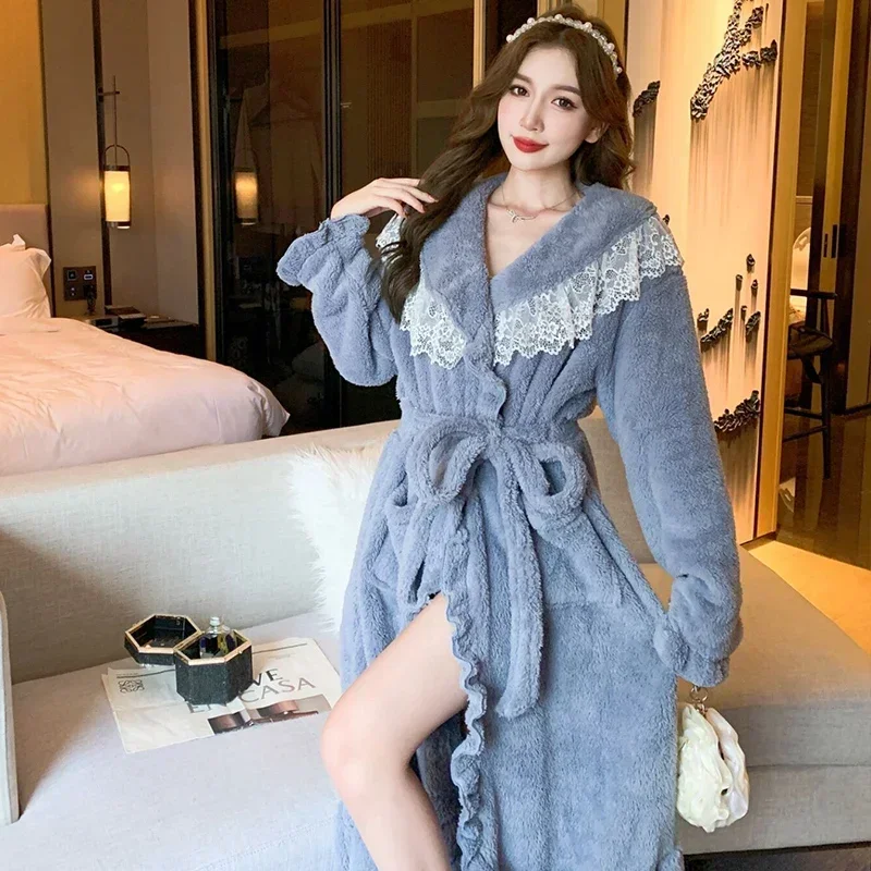 Top Trends: 2023 Winter Long Sleeve Thick Warm Flannel Kimono Robes For Women Cute Lace Bathrobes Sleepwear Bath Robe Nightdress Night Dress Shoppable Styles