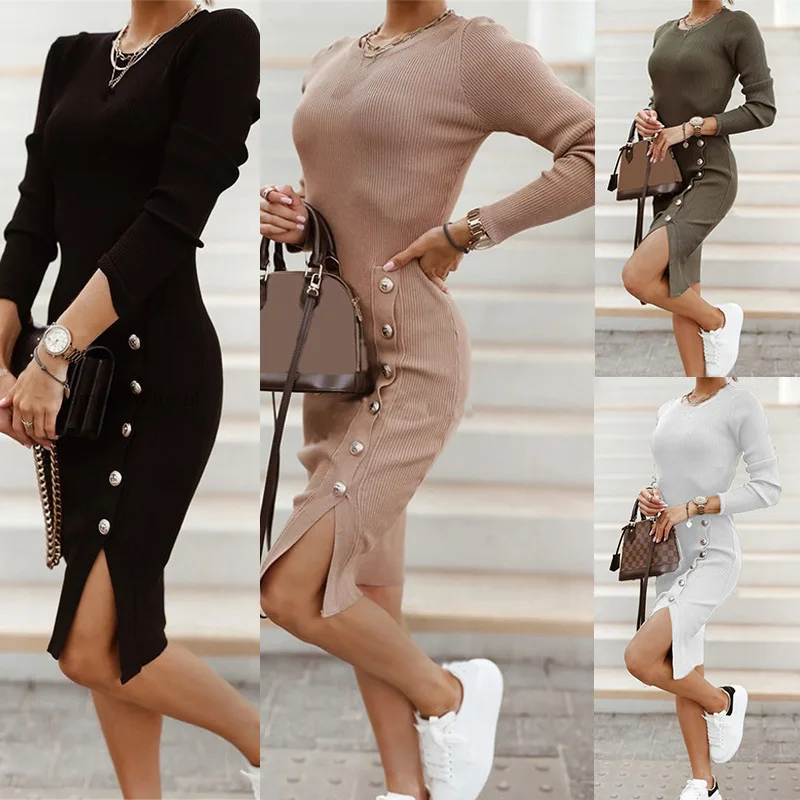 Top Trends: 2024 Sexy Bodycon Slit Knitted Dresses Women Autumn Long Sleeve High Waist Button Midi Dress Elegant O Neck Elastic Party Shoppable Styles