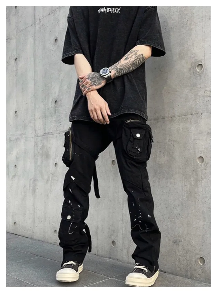 Top Trends: Street Strap Speckled Ink Pocket Stereoscopic Cut Micro Horn Workwear Pants Hip Hop High Street Punk Stacked Casual Pants Shoppable Styles