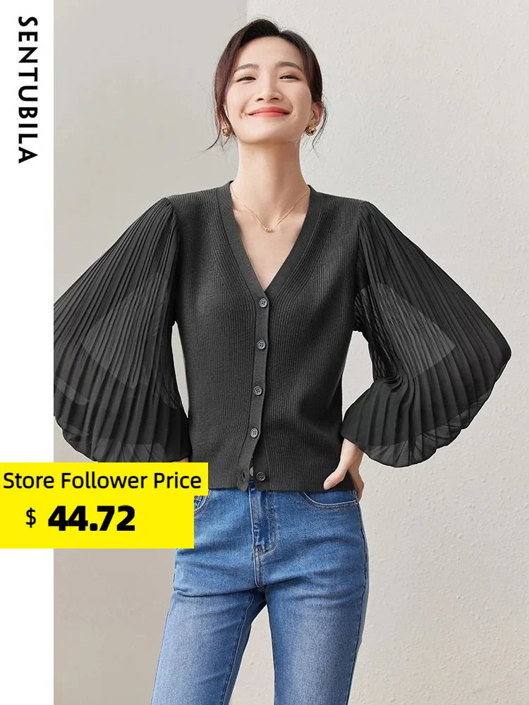 Top Trends: SENTUBILA Pleated Lantern Sleeve Cardigans For Women Elegant Knitwears 2023 Fall Autumn Knitted Sweater Jumpers Long Sleeve Top Shoppable Styles