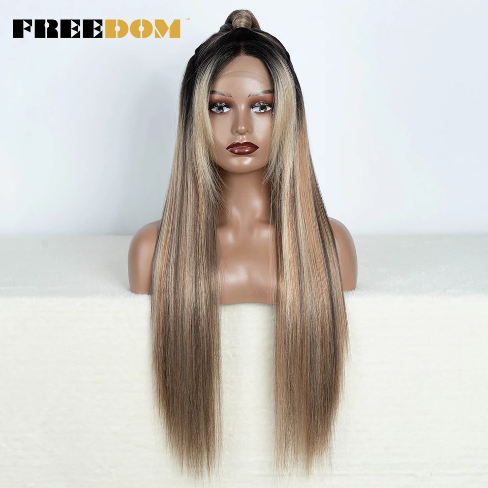 Top Trends: FREEDOM 13x2 Synthetic Lace Front Wigs For Black Women 30 Inch Long Straight Lace Wig With Bangs Ombre Brown Blue Cosplay Wigs Shoppable Styles