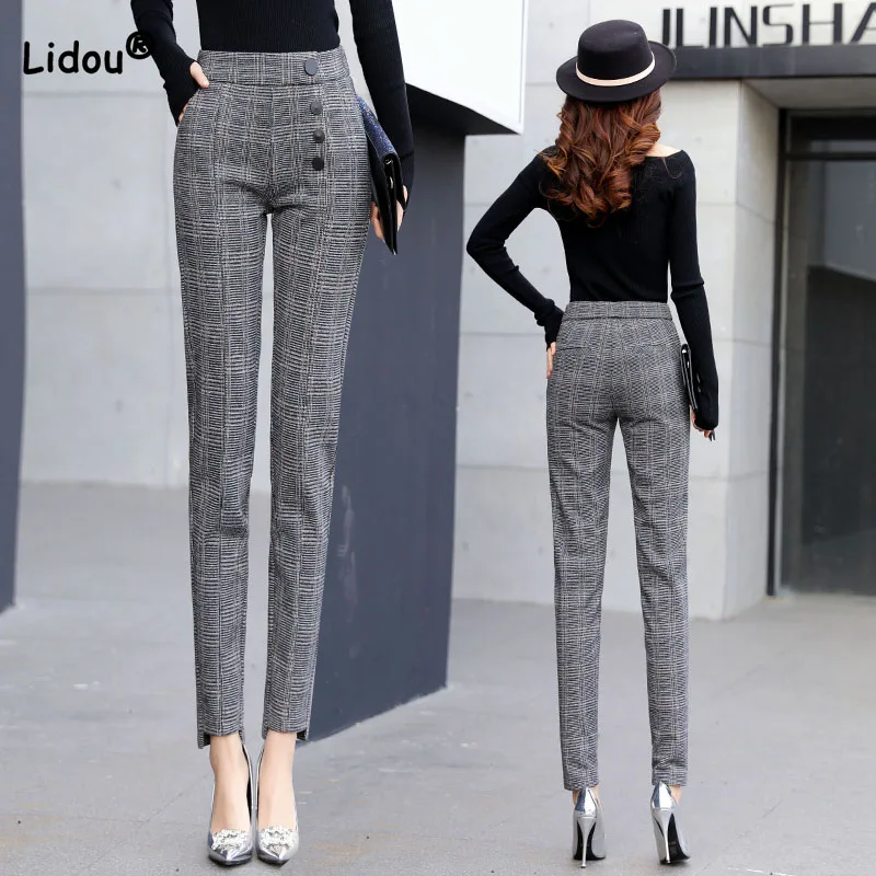 Top Trends: Commute Fashion Women's Plaid Slim Pencil Trousers Autumn Winter New High Waist All-match Button Spliced Pants Female Clothing Shoppable Styles