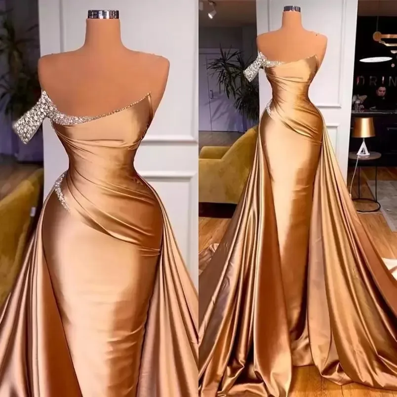 Top Trends: Gold Chic One Shoulder Crystals Mermaid Prom Dresses 2023 Sexy Backless Evening Formal Party Occasion Gowns Robe De Soirée Femme Shoppable Styles