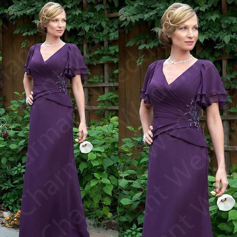 Top Trends: 2023 New Arrival Purple Mother Of The Bride Dress Short Sleeves Gowns Full Length Beaded Wedding Guest Dresses V Neckline Shoppable Styles