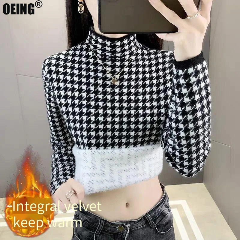 Top Trends: Plus Velvet Winter Houndstooth Thick Sweater Women Tops Half High Collar Pullovers Vintage Sweaters Knit Long Sleeve T-shirts Shoppable Styles