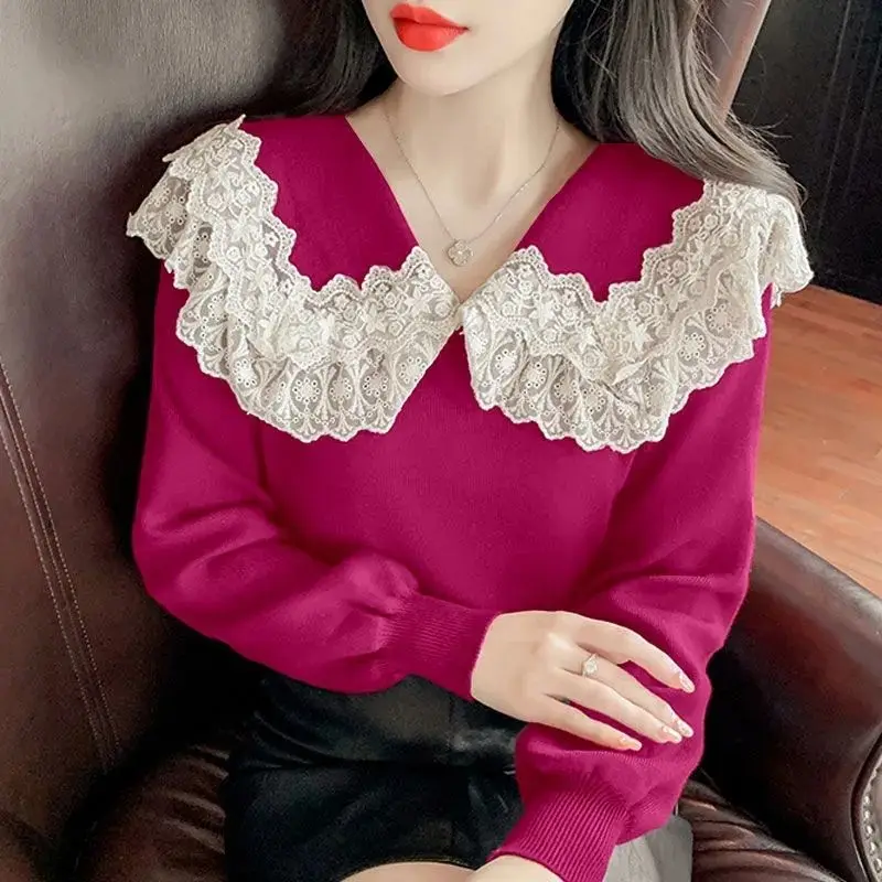 Top Trends: Fashion Solid Color Spliced Gauze Lace Sweaters Women&#039;s Clothing 2023 Autumn Winter New Loose All-match Pullovers Sweet Tops Shoppable Styles