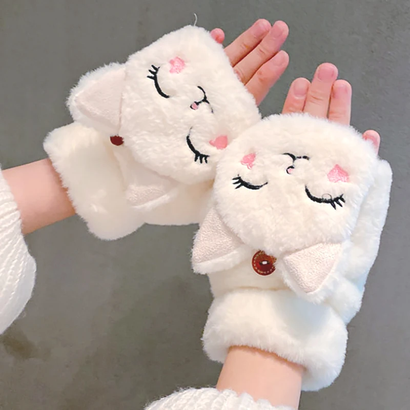 Top Trends: Cute Cat Bear Rabbit Fur Mittens Women Winter Gloves For Women Girls Animal Ear Flip Plush Glove Fingerless Thicken Warm Mitten Shoppable Styles