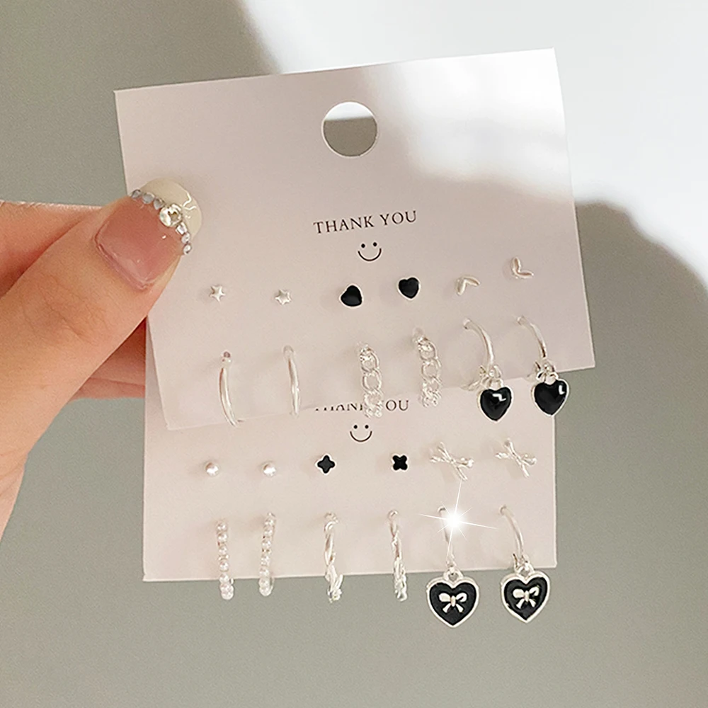 Top Trends: VKME Black Heart Earring Set Star Ear Studs Bear Pendant Chain Circle Drop Earring Fashion Earring Set Women Jewelry Gifts Shoppable Styles